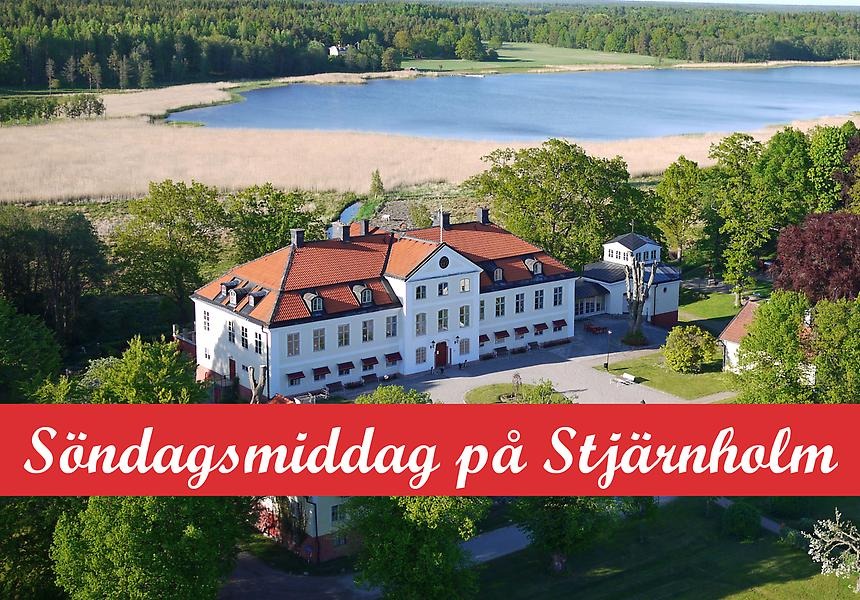 En banderoll med texten Söndagsmiddag på Stjärnholm på ett foto över Stjärnholms slott.